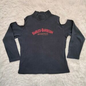 Vintage 90s Harley Davidson Cold Shoulder Mock Neck Top Knit Black Graphic Large